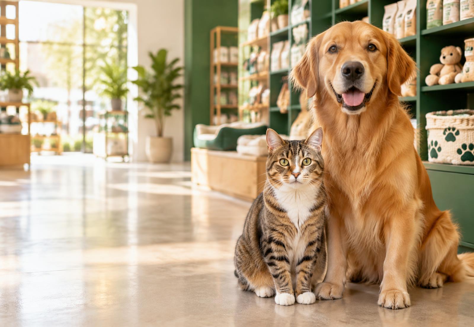 Cão e gato em uma loja Nova 4 Patas